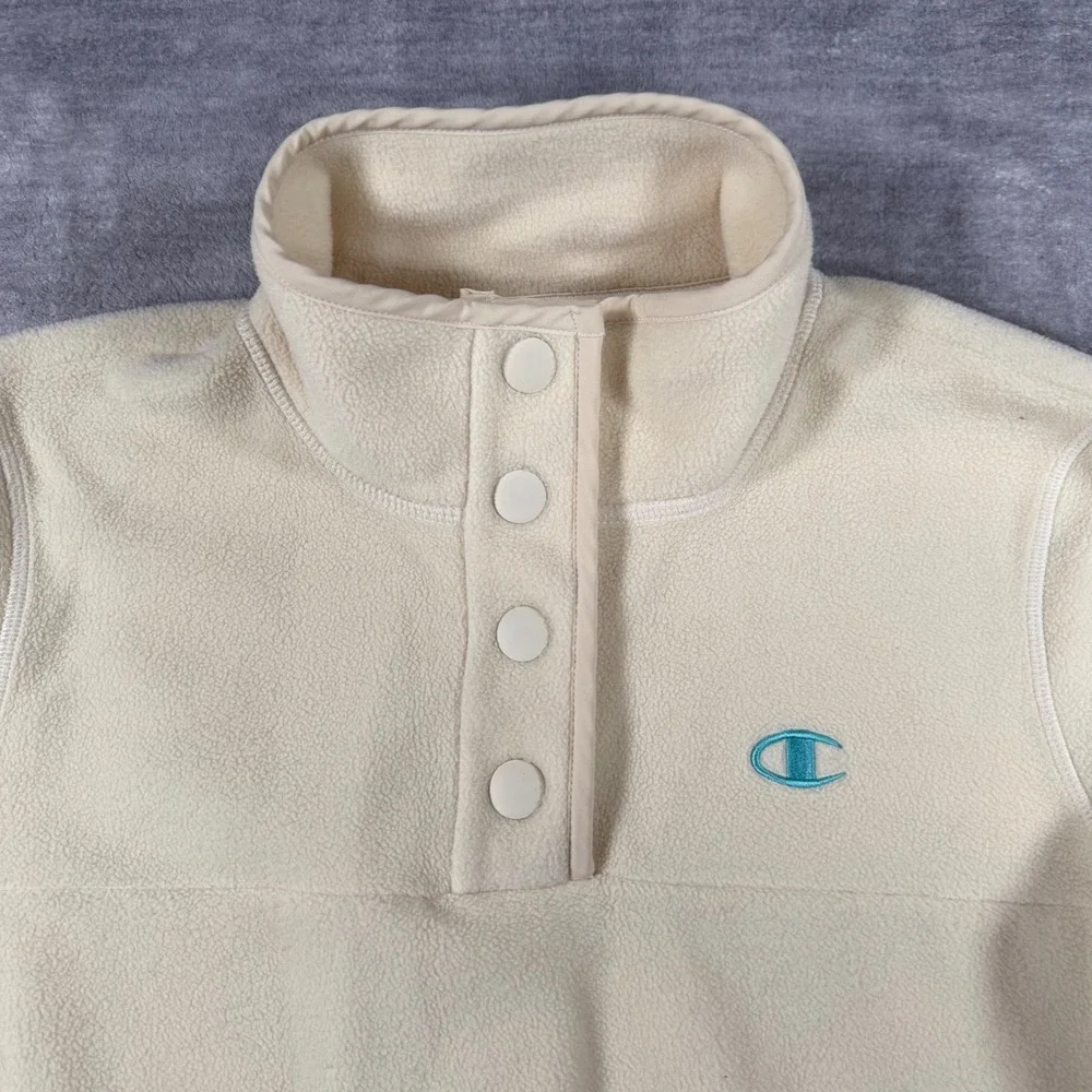 Champion Sweatshirt Womens Medium Cream Fleece Pullover T Snap Cozy Outdoors - Picture 2 of 10